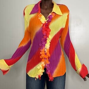 VINTAGE | Y2K Multicolor Plisse Pleated Long Sleeve Blouse Plus Size 2X